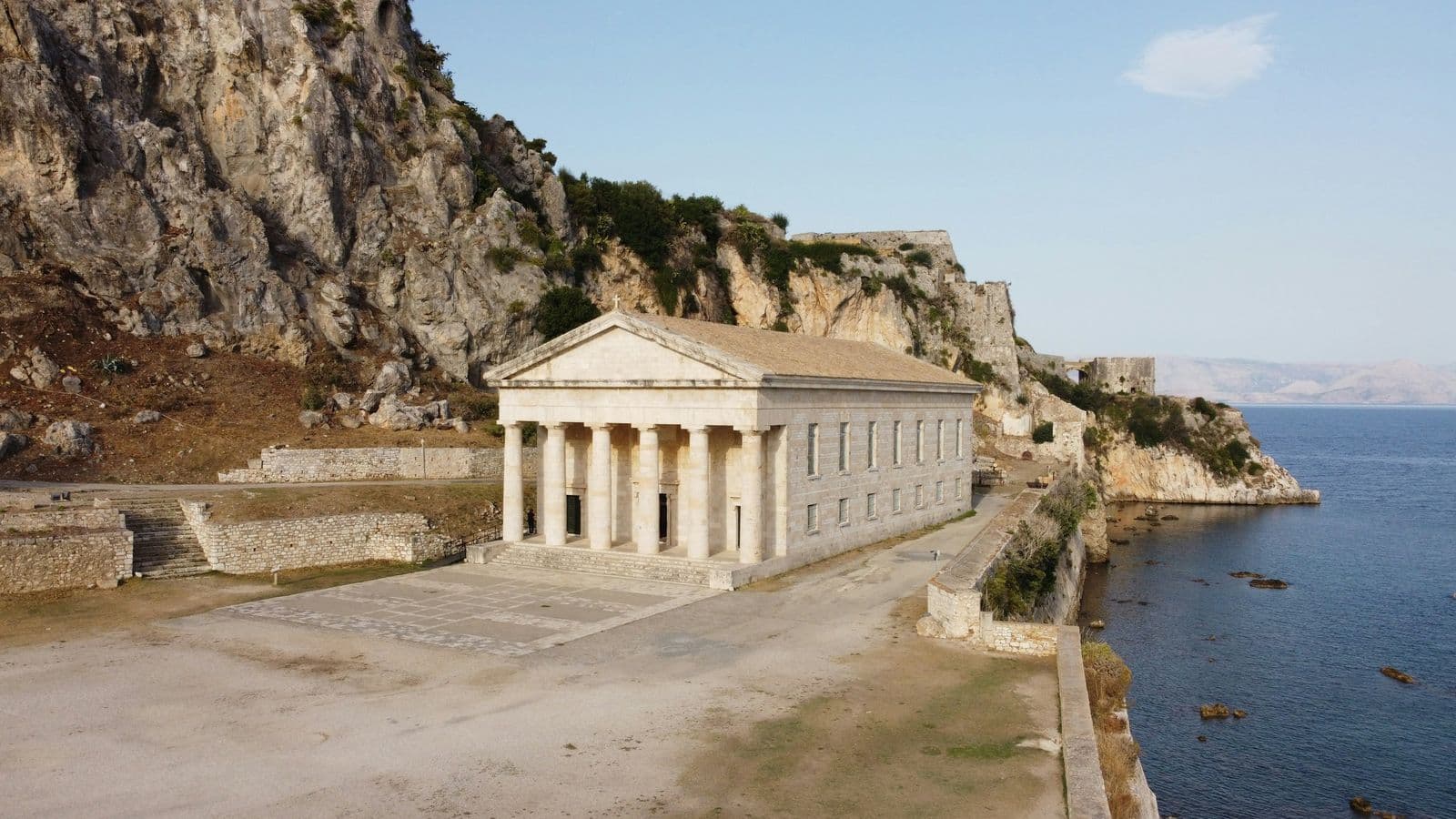 The Church of St George inside the Old Fortress of Corfu, on the headland above the sea