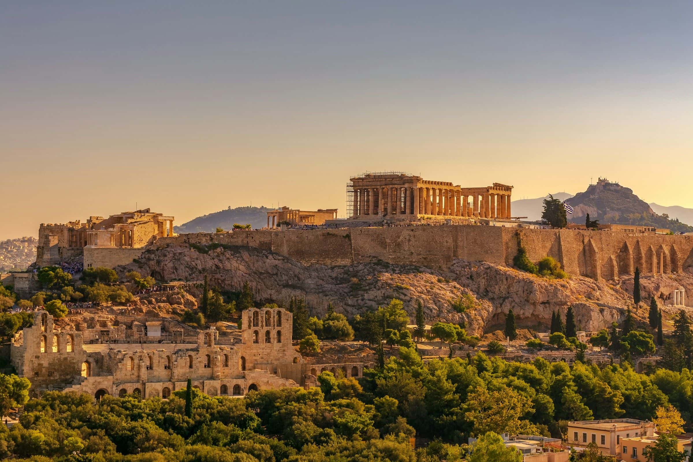 The Acropolis of Athens at golden hour, seen from Philopappos Hill