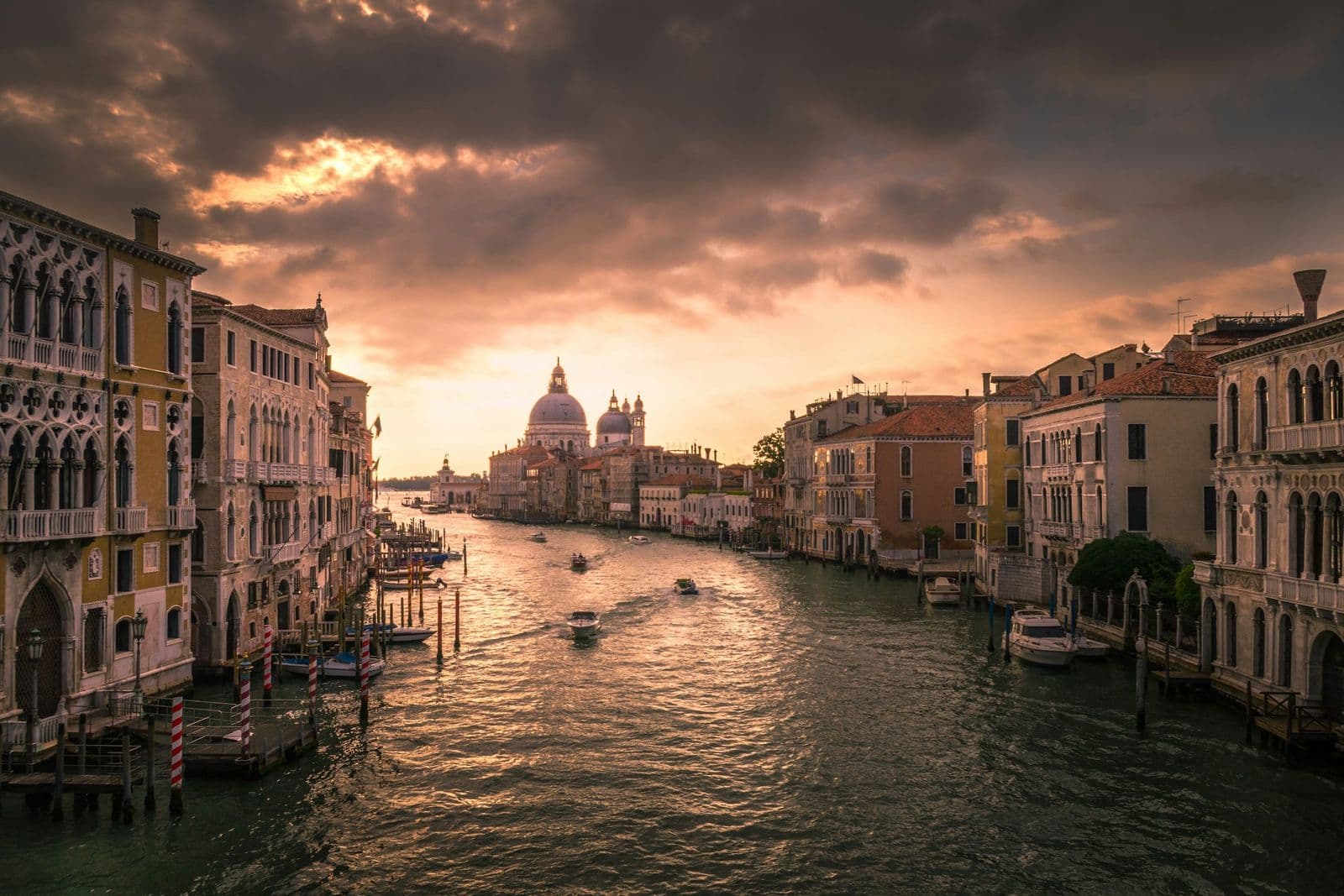 The Grand Canal in Venice at sunset, looking toward the domes of Santa Maria della Salute